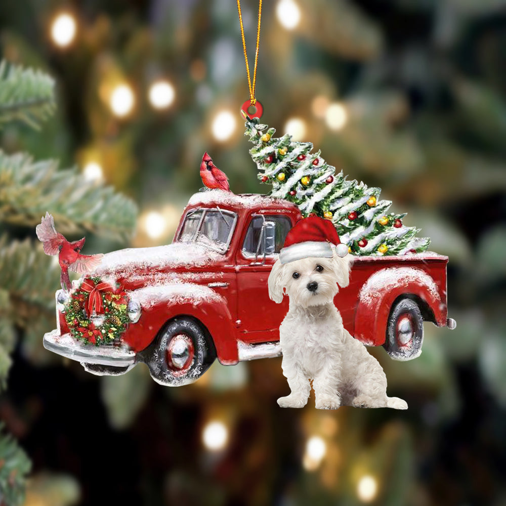 Godmerch- Ornament- Maltese-Cardinal & Truck Two Sided Ornament, Happy Christmas Ornament, Car Ornament