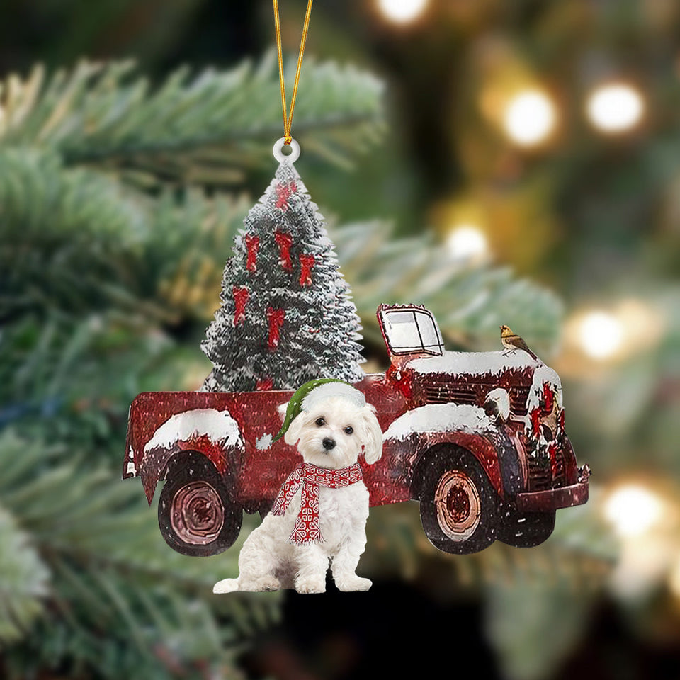 Godmerch- Ornament- Maltese-Christmas Truck Two Sided Ornament, Happy Christmas Ornament, Car Ornament