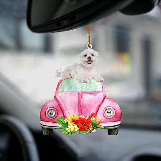 Maltese-Pink Hippie Car-Two Sided Ornament