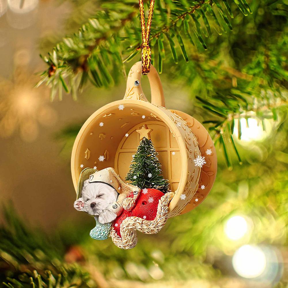 Maltese Sleeping in a tiny cup Christmas Holiday-Two Sided Ornament, Christmas Ornament, Car Ornament