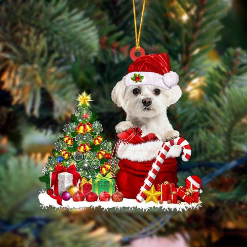 Godmerch- Ornament- Maltese Gift Bag Merry Christmas Ornament Dog Ornament, Car Ornament, Christmas Ornament