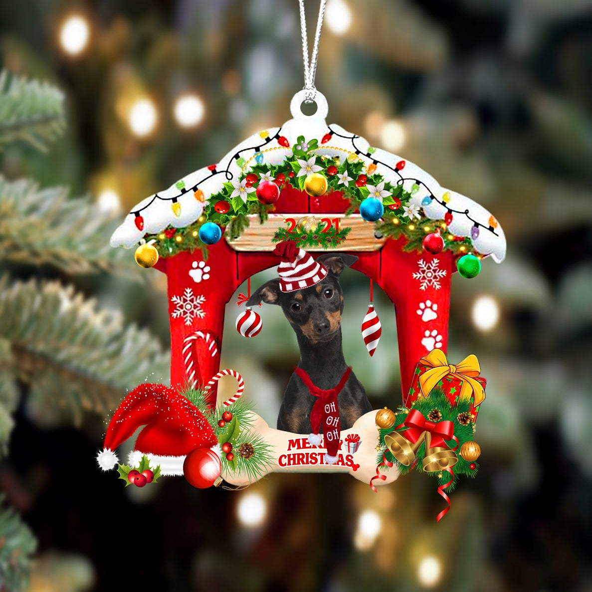 Ornament- Miniature Pinscher 2-Christmas House Two Sided Ornament, Happy Christmas Ornament, Car Ornament