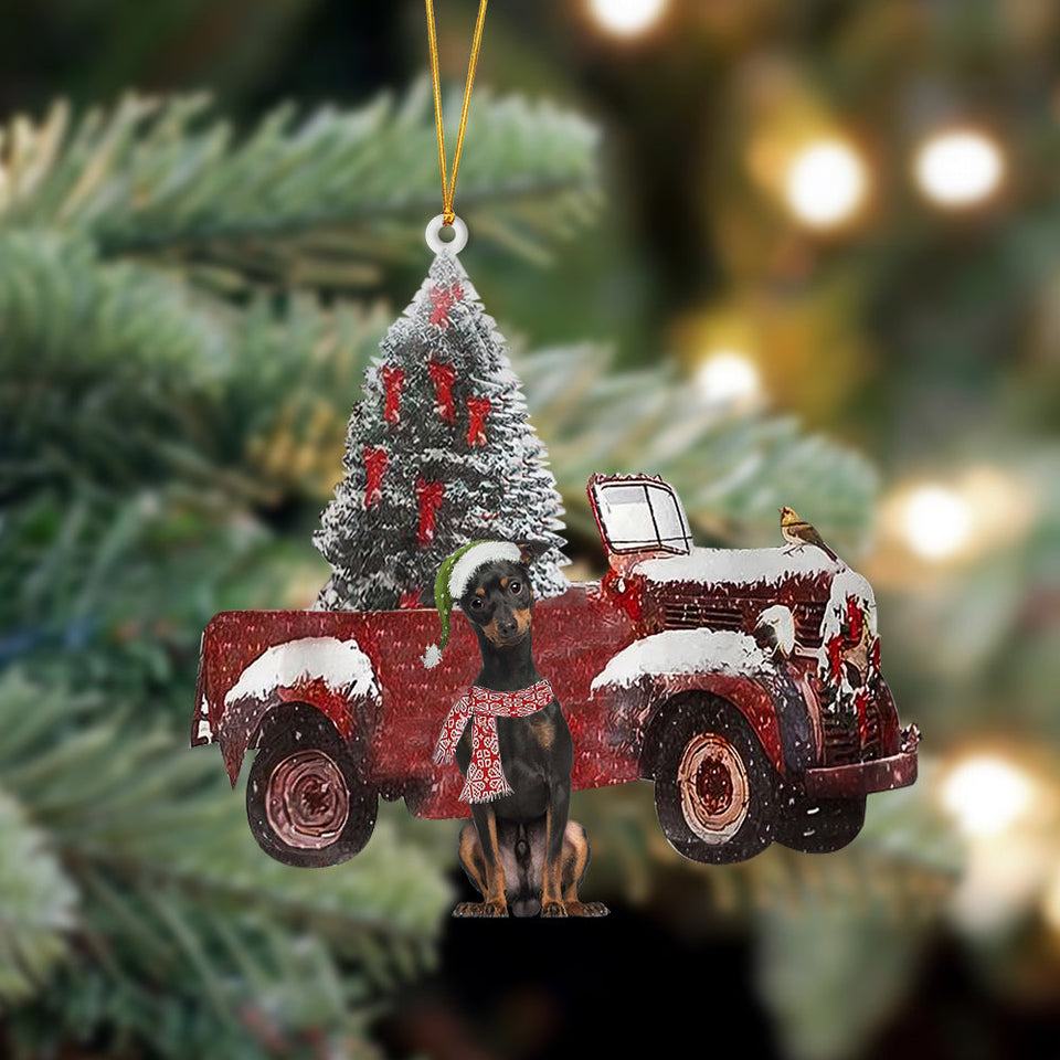 Ornament- Miniature Pinscher 2-Christmas Truck Two Sided Ornament, Happy Christmas Ornament, Car Ornament