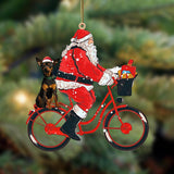 Santa Claus Riding A Bike With Miniature Pinscher-Two Sided Ornament