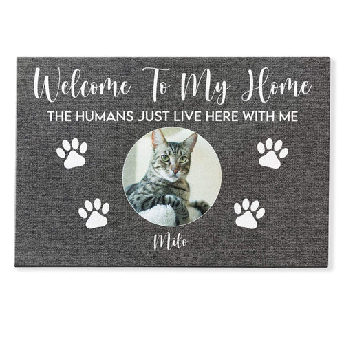 Welcome to My House, The Humans Just Live Here With Us, Photo Custom Doormat, Gift For Cats And Dogs Lovers