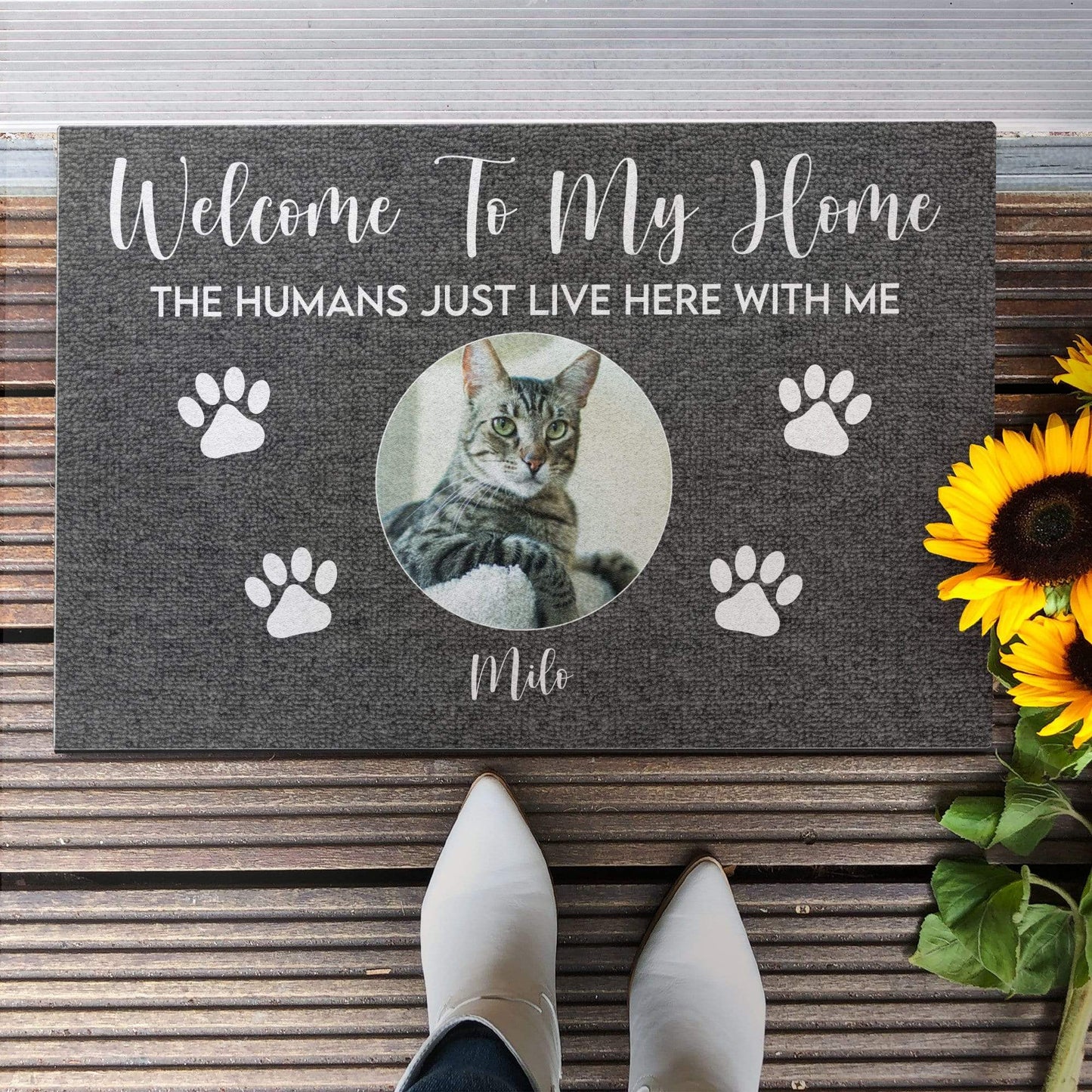 Welcome to My House, The Humans Just Live Here With Us, Photo Custom Doormat, Gift For Cats And Dogs Lovers