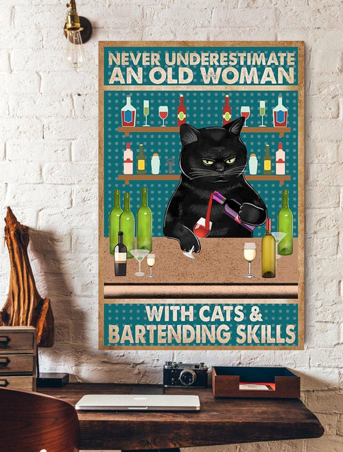 Never UNderestimate An Old Woman With Cats And Bartending Skills Bartender Canvas And Poster, Wall Decor Visual Art