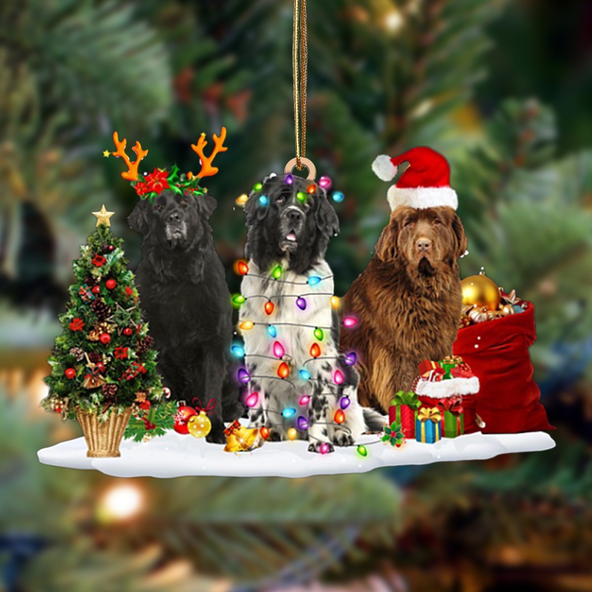 Ornament- Newfoundland-Christmas Dog Friends Hanging Ornament, Happy Christmas Ornament, Car Ornament