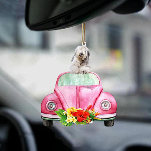 Old English Sheepdog-Pink Hippie Car-Two Sided Ornament