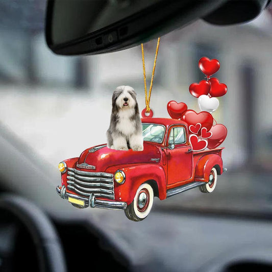 Old English Sheepdog-Red Sports Car-Two Sided Ornament