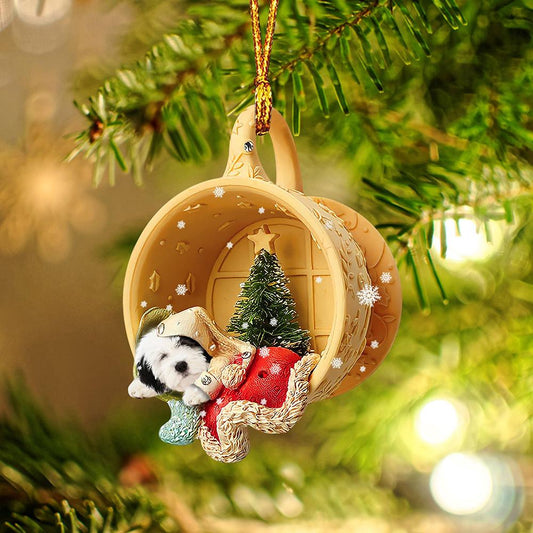 Godmerch Old English Sheepdog Sleeping In A Tiny Cup Christmas Holiday-Two Sided Ornament