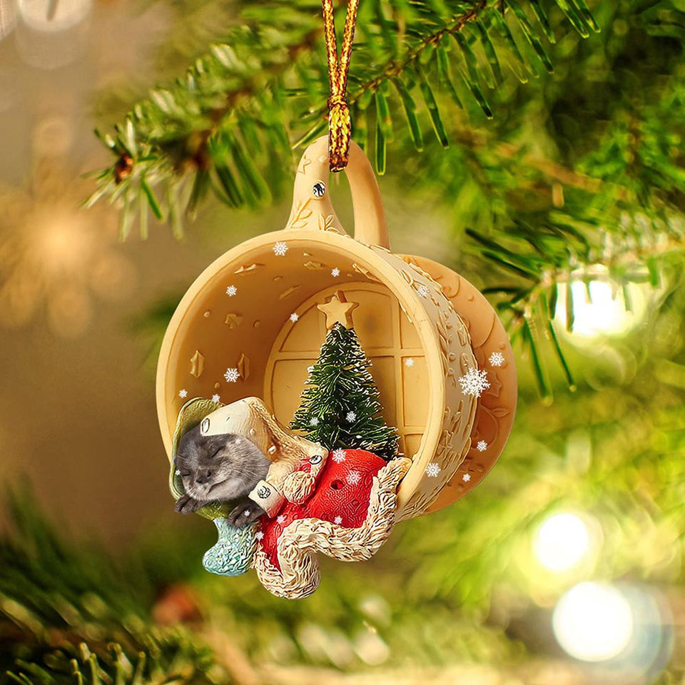 Ornament- Otter Sleeping in a tiny cup Christmas Holiday-Two Sided Ornament, Christmas Ornament, Car Ornament