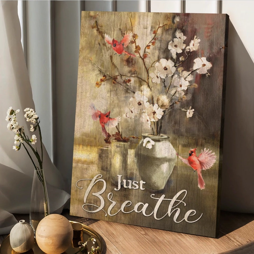 Paper flower painting Red cardinal Just breathe - Matte Canvas