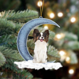 Godmerch- Ornament- Papillon Sits On The Moon Hanging Ornament Dog Ornament, Car Ornament, Christmas Ornament