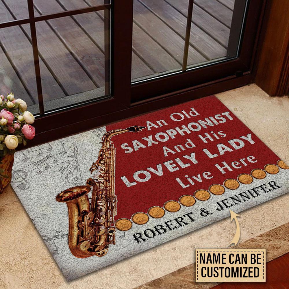 Personalized Saxophone Old Couple Live Here Red Customized Doormat