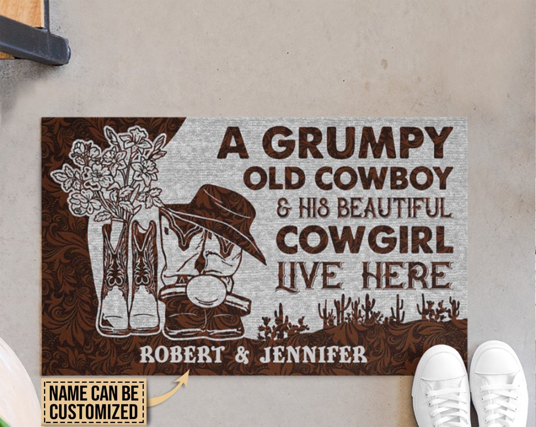 Personalized Cowboy And Cowgirl Live Here Leather Customized Doormat