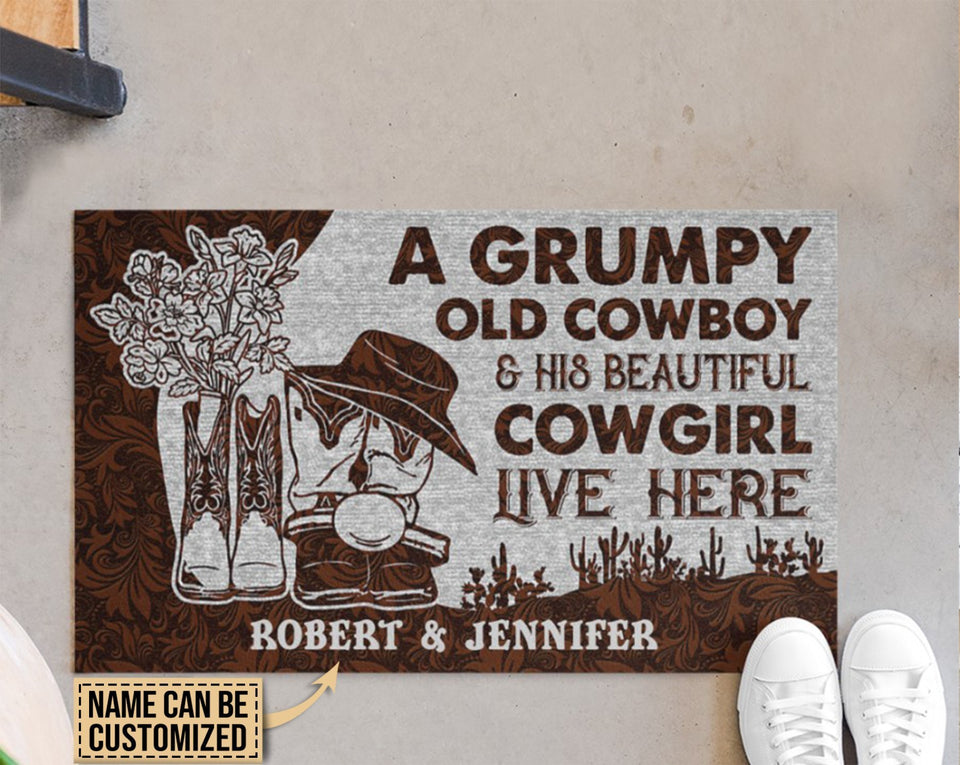 Personalized Cowboy And Cowgirl Live Here Leather Customized Doormat