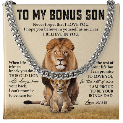 Personalized To My Bonus Son Cuban Necklace From Step Father Never Forget That I Love You Lion Stepson Birthday Graduation Christmas Customized Message Card