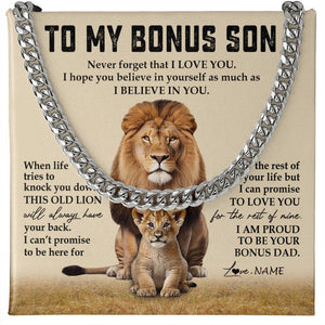 Personalized To My Bonus Son Cuban Necklace From Step Father Never Forget That I Love You Lion Stepson Birthday Graduation Christmas Customized Message Card