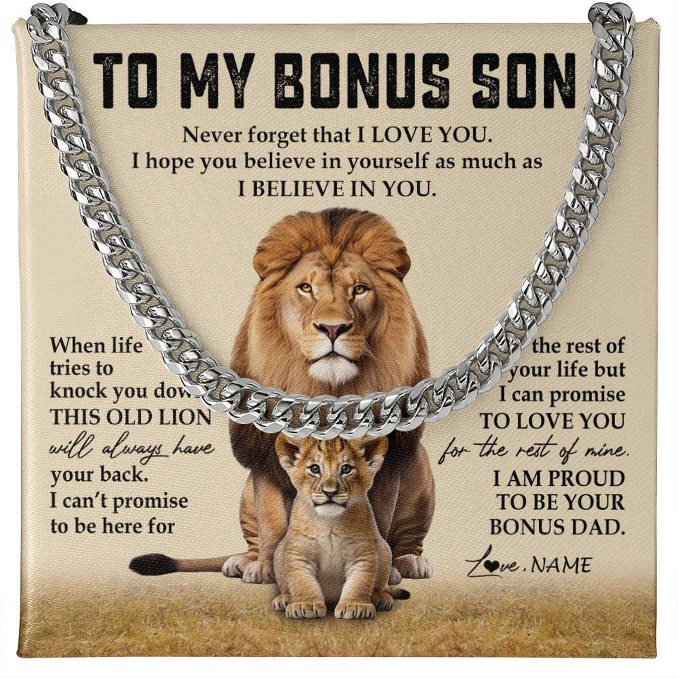 Personalized To My Bonus Son Cuban Necklace From Step Father Never Forget That I Love You Lion Stepson Birthday Graduation Christmas Customized Message Card