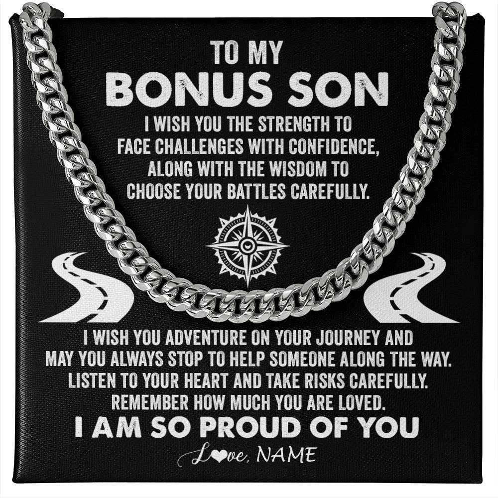 Personalized To My Bonus Son Cuban Necklace From Step Mom I Wish You The Strength Step Son Birthday Graduation Inspirational Customized Gift Box Message Card