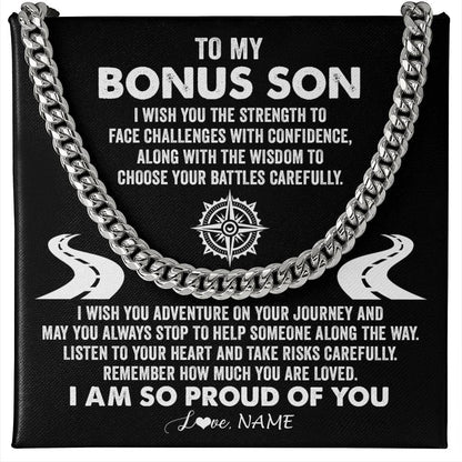 Personalized To My Bonus Son Cuban Necklace From Step Mom I Wish You The Strength Step Son Birthday Graduation Inspirational Customized Gift Box Message Card