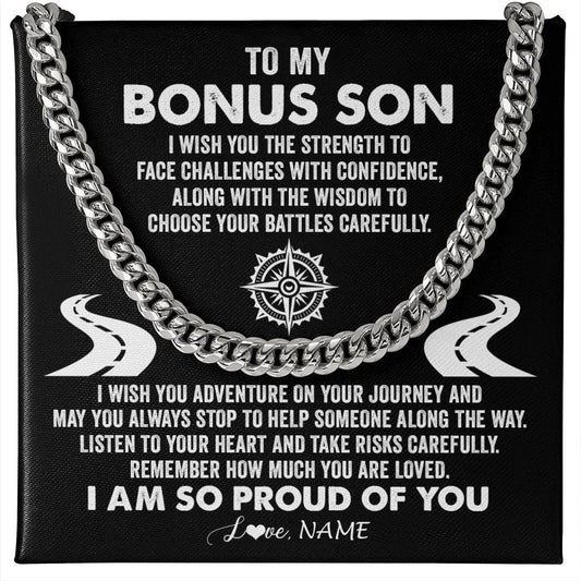 Personalized To My Bonus Son Cuban Necklace From Step Mom I Wish You The Strength Step Son Birthday Graduation Inspirational Customized Gift Box Message Card