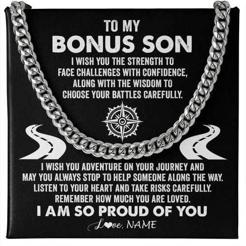 Personalized To My Bonus Son Cuban Necklace From Step Mom I Wish You The Strength Step Son Birthday Graduation Inspirational Customized Gift Box Message Card