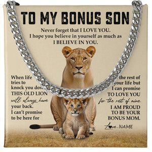 Personalized To My Bonus Son Cuban Necklace From Step Mother Never Forget That I Love You Lion Stepson Birthday Graduation Christmas Customized Message Card