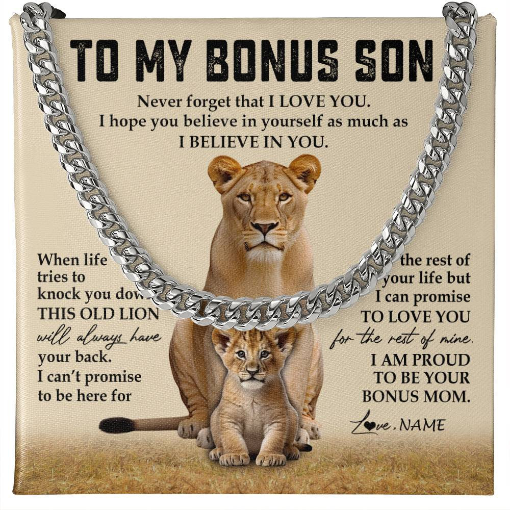Personalized To My Bonus Son Cuban Necklace From Step Mother Never Forget That I Love You Lion Stepson Birthday Graduation Christmas Customized Message Card
