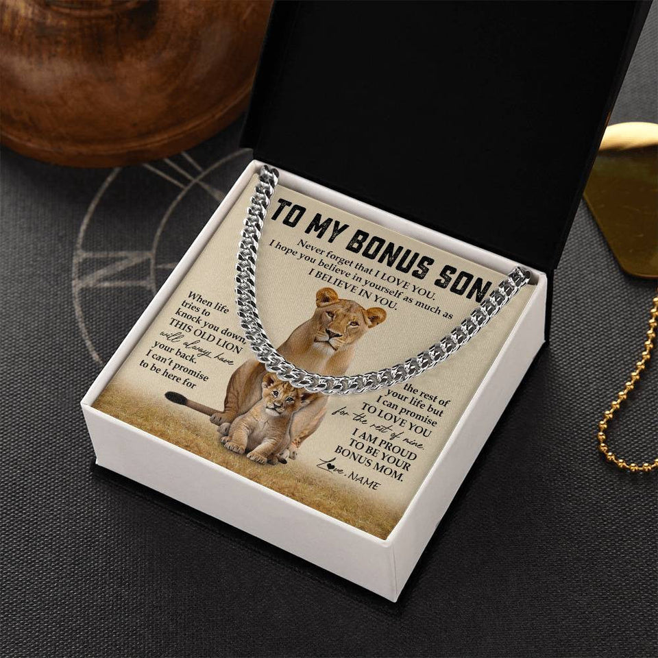 Personalized To My Bonus Son Cuban Necklace From Step Mother Never Forget That I Love You Lion Stepson Birthday Graduation Christmas Customized Message Card