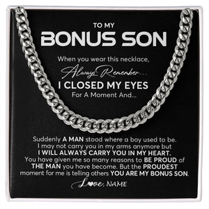 Personalized To My Bonus Son Cuban Necklace From Stepmom Stepdad I Closed My Eyes Suddenly A Man Stepson Birthday Christmas Customized Gift Box Message Card