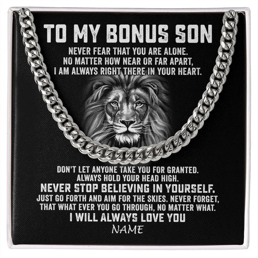 Personalized To My Bonus Son Cuban Necklace From Stepmom Stepdad Never Fear That You Are Alone Lion Stepson Birthday Christmas Customized Gift Box Message Card