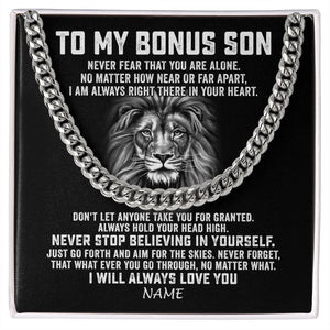 Personalized To My Bonus Son Cuban Necklace From Stepmom Stepdad Never Fear That You Are Alone Lion Stepson Birthday Christmas Customized Gift Box Message Card