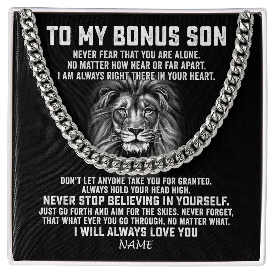 Personalized To My Bonus Son Cuban Necklace From Stepmom Stepdad Never Fear That You Are Alone Lion Stepson Birthday Christmas Customized Gift Box Message Card