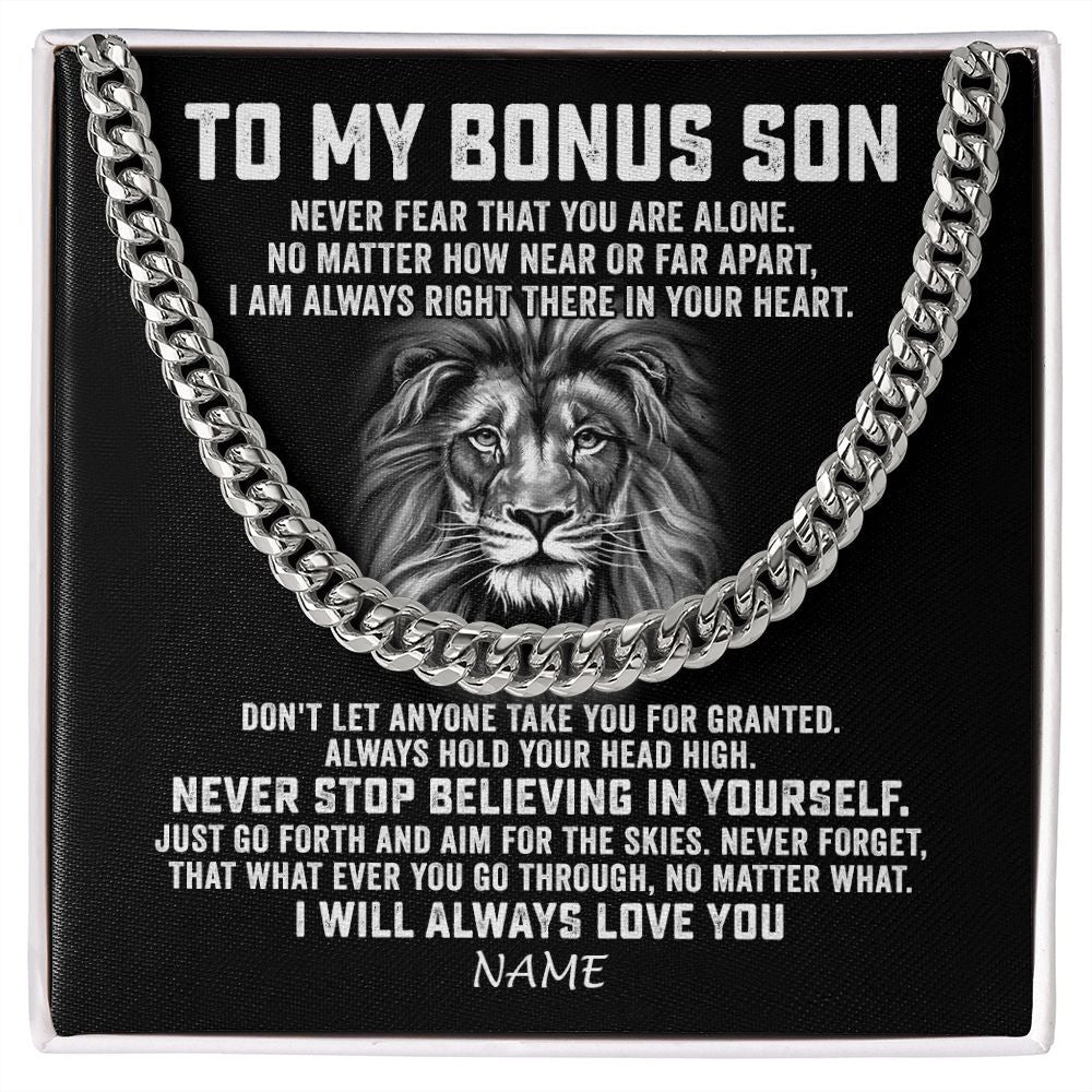 Personalized To My Bonus Son Cuban Necklace From Stepmom Stepdad Never Fear That You Are Alone Lion Stepson Birthday Christmas Customized Gift Box Message Card