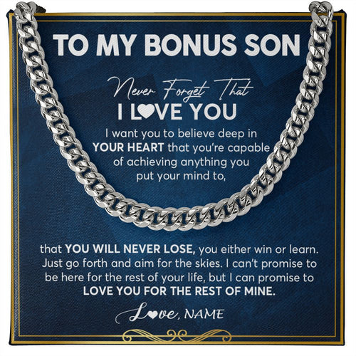 Personalized To My Bonus Son Cuban Necklace From Stepmom Stepdad Never Forget That I Love You Stepson Birthday Christmas Customized Gift Box Message Card