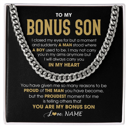 Personalized To My Bonus Son Cuban Necklace From Stepmom Stepdad Proud Of The Man Stepson Birthday Graduation Christmas Customized Gift Box Message Card