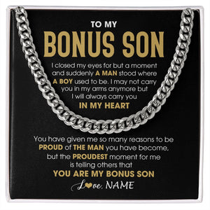 Personalized To My Bonus Son Cuban Necklace From Stepmom Stepdad Proud Of The Man Stepson Birthday Graduation Christmas Customized Gift Box Message Card