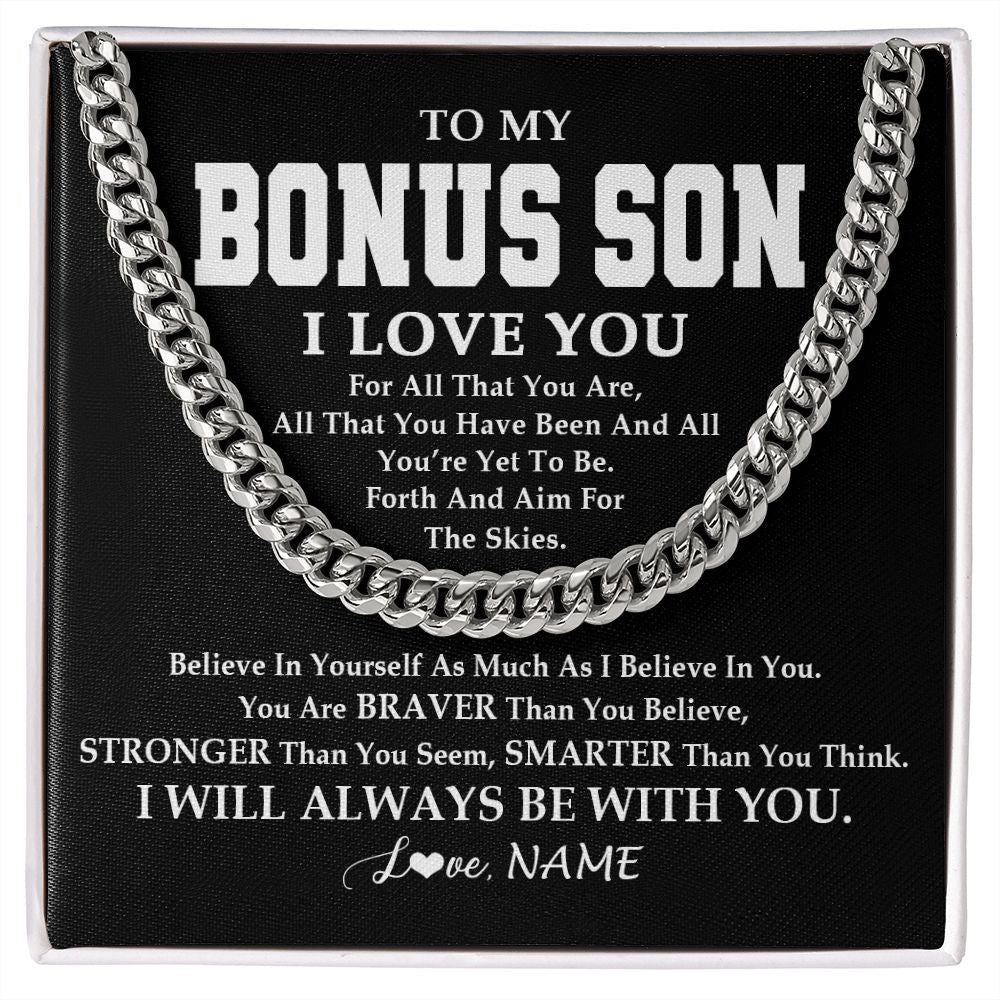 Personalized To My Bonus Son Necklace Cuban From Stepmom Stepdad Believe In Yourself Stepson Birthday Christmas Customized Gift Box Message Card