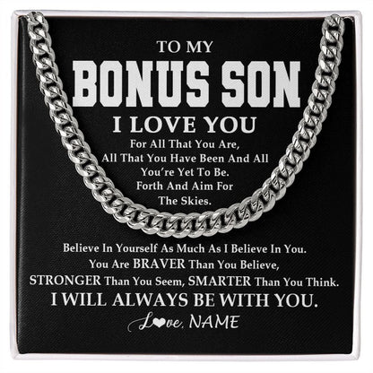 Personalized To My Bonus Son Necklace Cuban From Stepmom Stepdad Believe In Yourself Stepson Birthday Christmas Customized Gift Box Message Card