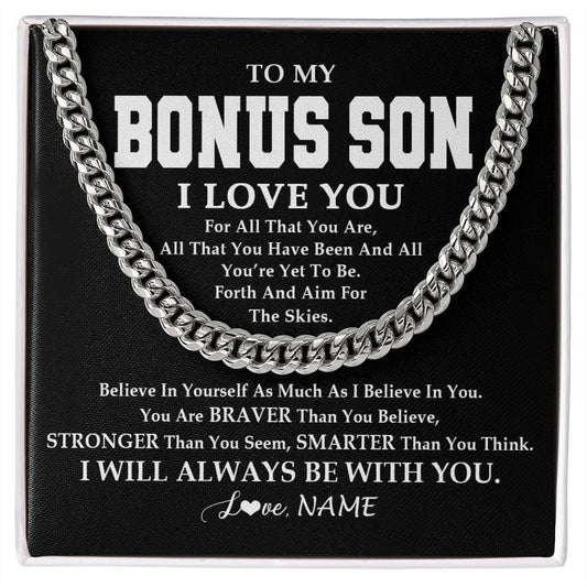 Personalized To My Bonus Son Necklace Cuban From Stepmom Stepdad Believe In Yourself Stepson Birthday Christmas Customized Gift Box Message Card