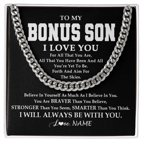 Personalized To My Bonus Son Necklace Cuban From Stepmom Stepdad Believe In Yourself Stepson Birthday Christmas Customized Gift Box Message Card