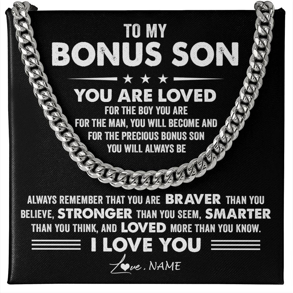 Personalized To My Bonus Son Necklace From Stepmother Father Cuban Chain You Are Loved Stepson Birthday Graduation Christmas Customized Gift Box Message Card