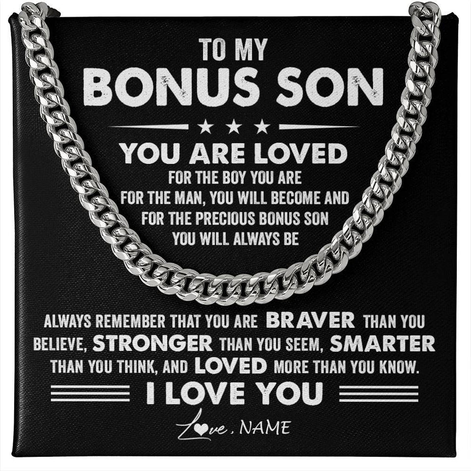 Personalized To My Bonus Son Necklace From Stepmother Father Cuban Chain You Are Loved Stepson Birthday Graduation Christmas Customized Gift Box Message Card