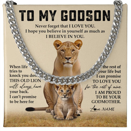 Personalized To My Godson Cuban Necklace From Godmother Never Forget That I Love You Lion Godson Birthday Graduation Christmas Customized Gift Box Message Card
