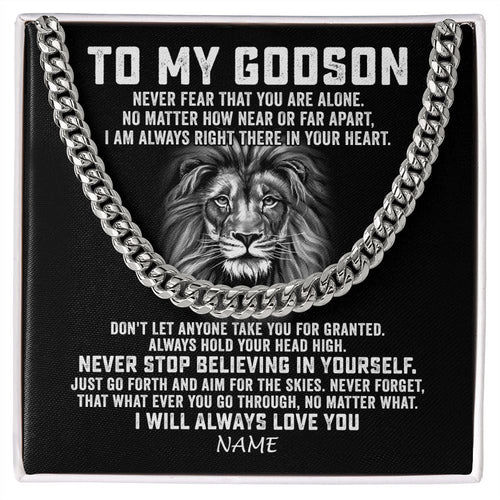 Personalized To My Godson Cuban Necklace From Uncle Aunt Never Fear That You Are Alone Lion Godson Birthday Christmas Customized Gift Box Message Card