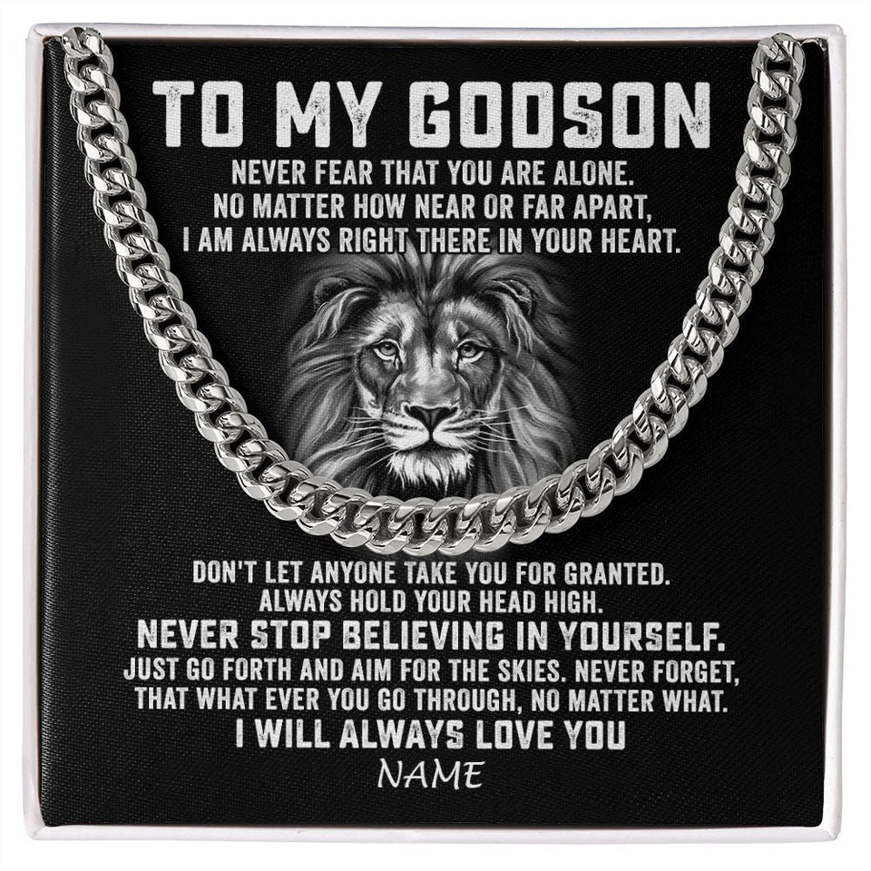 Personalized To My Godson Cuban Necklace From Uncle Aunt Never Fear That You Are Alone Lion Godson Birthday Christmas Customized Gift Box Message Card