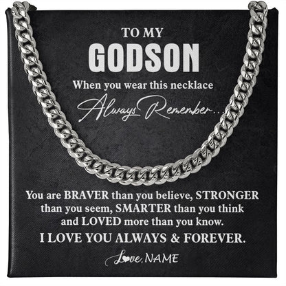 Personalized To My Godson Necklace Cuban From Godmother Uncle Aunt You Are Braver Stronger Godson Birthday Christmas Customized Gift Box Message Card