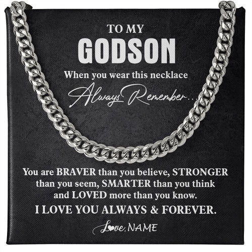 Personalized To My Godson Necklace Cuban From Godmother Uncle Aunt You Are Braver Stronger Godson Birthday Christmas Customized Gift Box Message Card